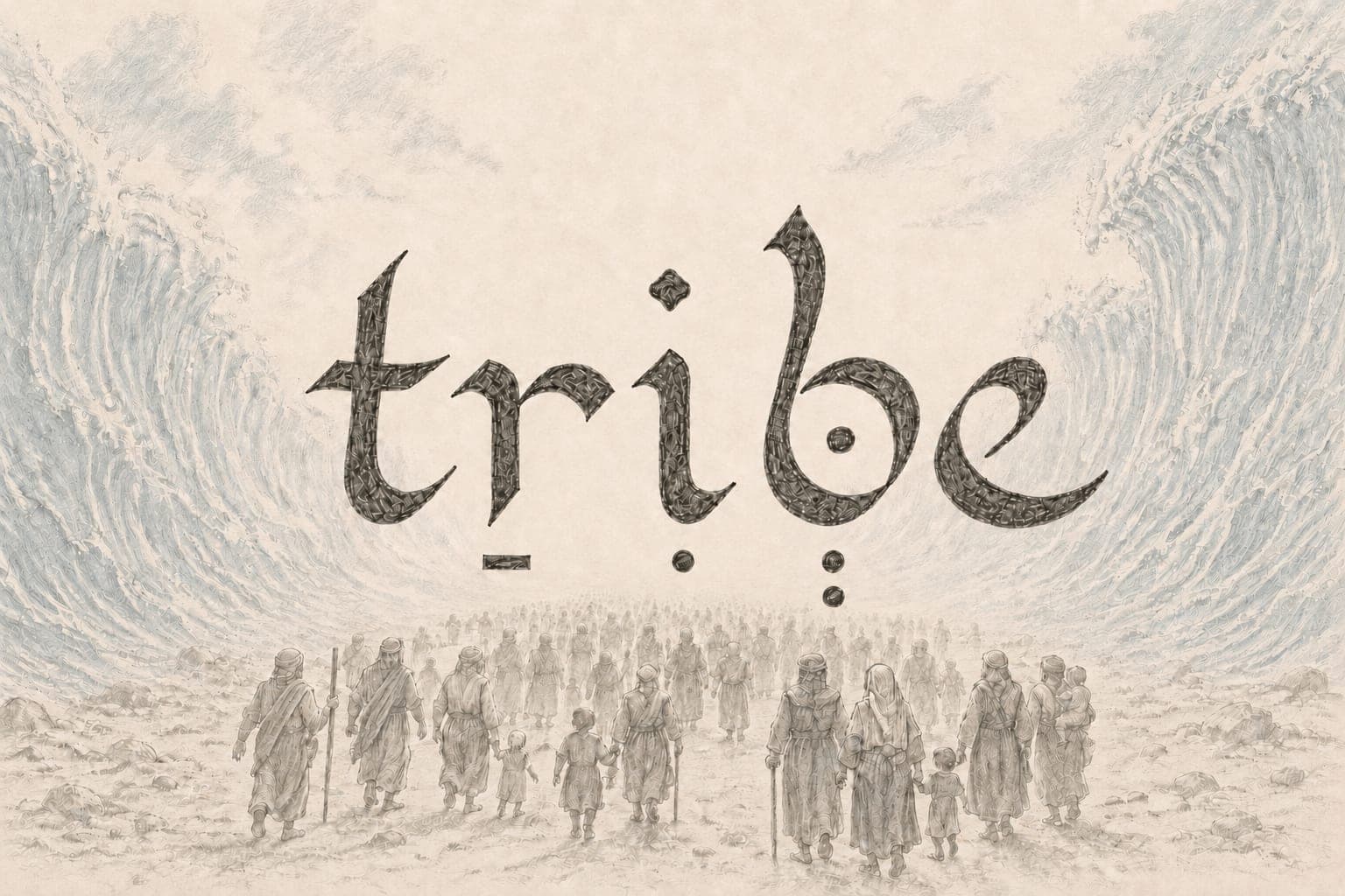 The tribe wordmark drawn over the sea splitting, a nation walking through together